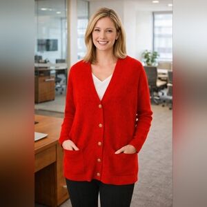 Talbots Women’s Red Jewel Button Cardigan Sweater Size Medium Soft Knit Classic